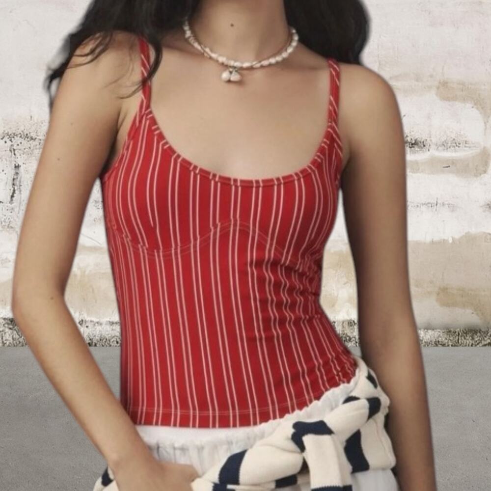 Anthropologie $48 Pilcro Stripe Corset Tank in True Red/Chalk White Size XL NWT